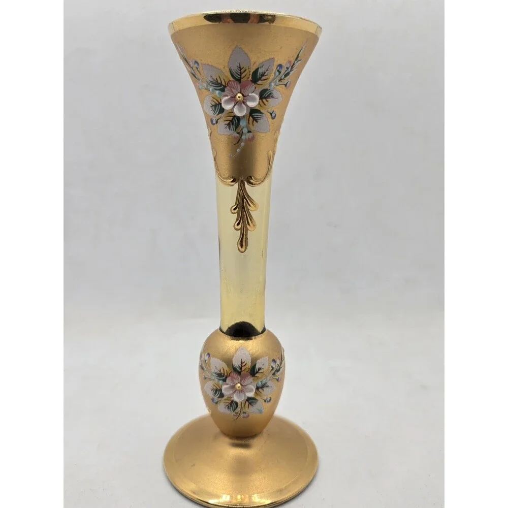 Czech Bohemian Gold Hand Painted Floral Glass Bud Vase 6